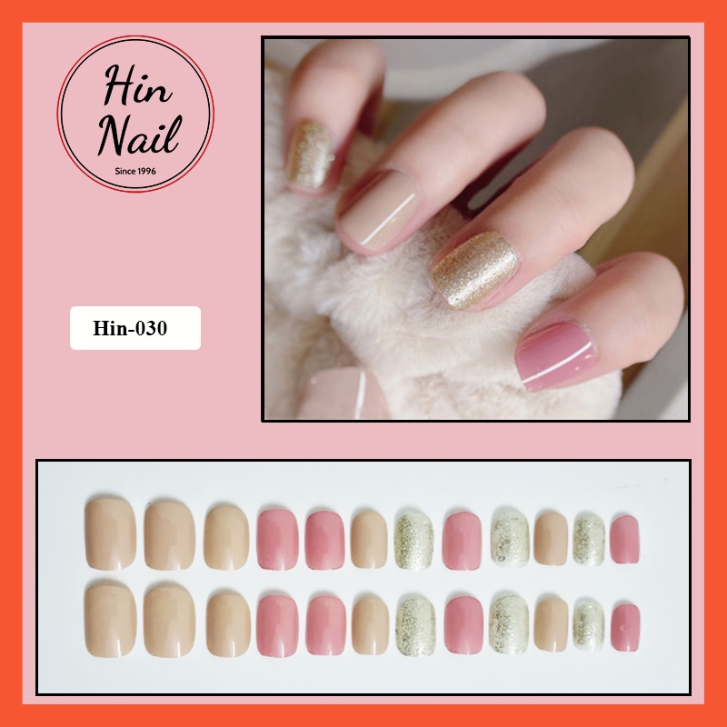 móng tay giả kèm keo Hin Nail móng vuông kẻ màu hồng