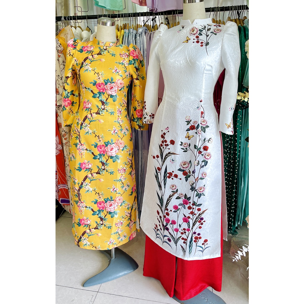 Áo dài gấm dày in hoa Tết tay phồng lửng xinh xắn