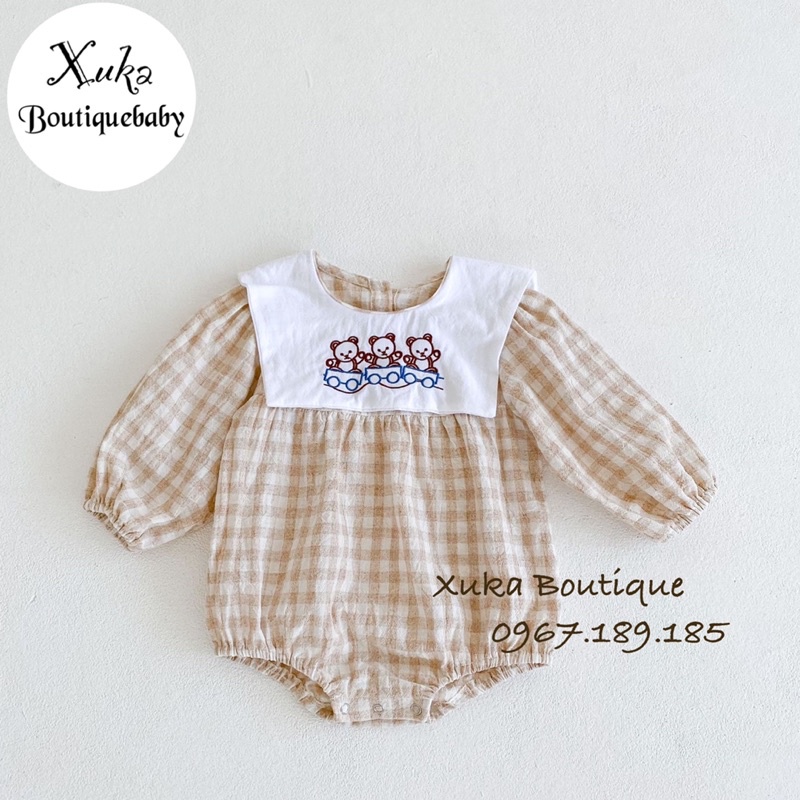 Bodysuit Dài Tay Cổ Yếm Thêu Gấu Bé Gái  Cao Cấp - Body Chip Thêu Gấu Hàn Quốc Bé Gái