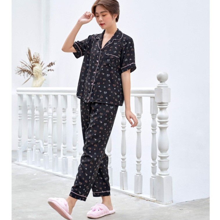 Bộ pijama dài màu đen họa tiết trái tim VIBES Tym Black Long Py Set