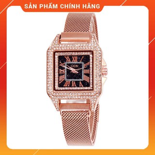 Đồng hồ nữ Gedi 71941 dây lưới thép cao cấp mặt vuông đính đá khóa nam châm