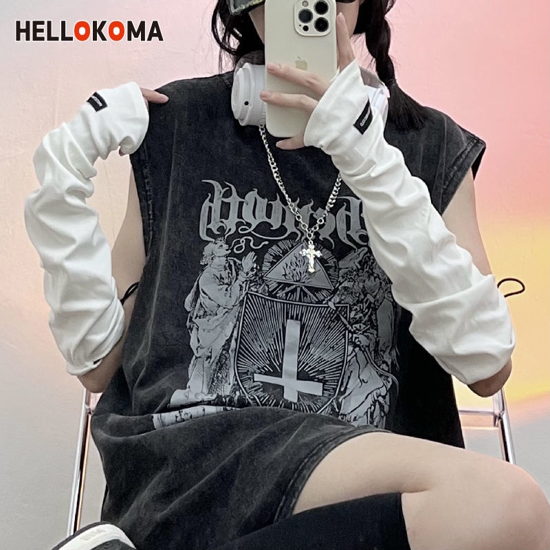 Áo Thun Cotton Trơn Không Tay In Hình Hello Kitty Phong Cách Hip Hop Mỹ Cho Nữ