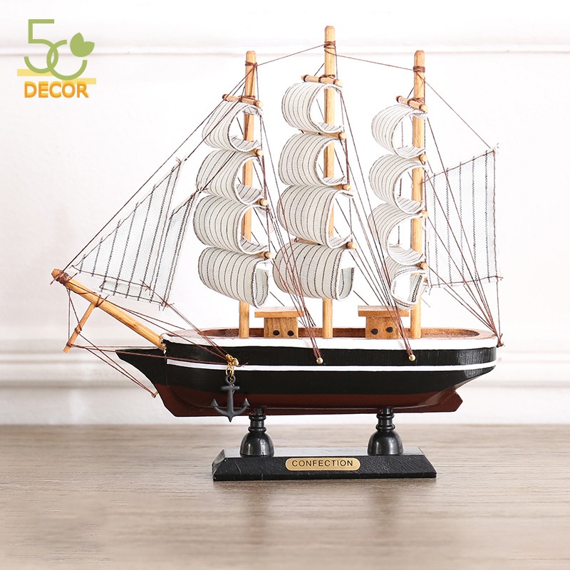 Mô hình thuyền gỗ France II kèm đèn led, mô hình thuyền trang trí bàn, decor phòng khách, phòng làm việc, quà tặng