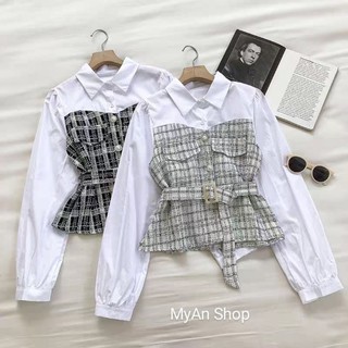 🌈 áo sơ mi dạ phối tay trắng đai💢