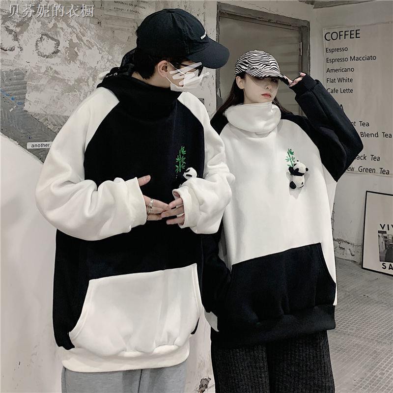 Áo Khoác Sweater Phối Nhung Dày Dặn In Hình Gấu Trúc Dễ Thương Cho Cặp Đôi