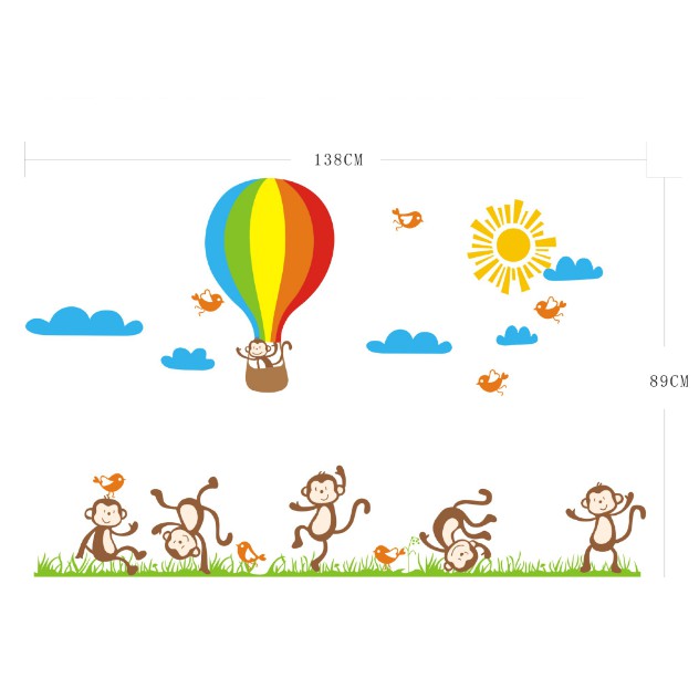 Decal trang trí tường - Khinh Khí Cầu sắc màu và bày khỉ tinh nghịch