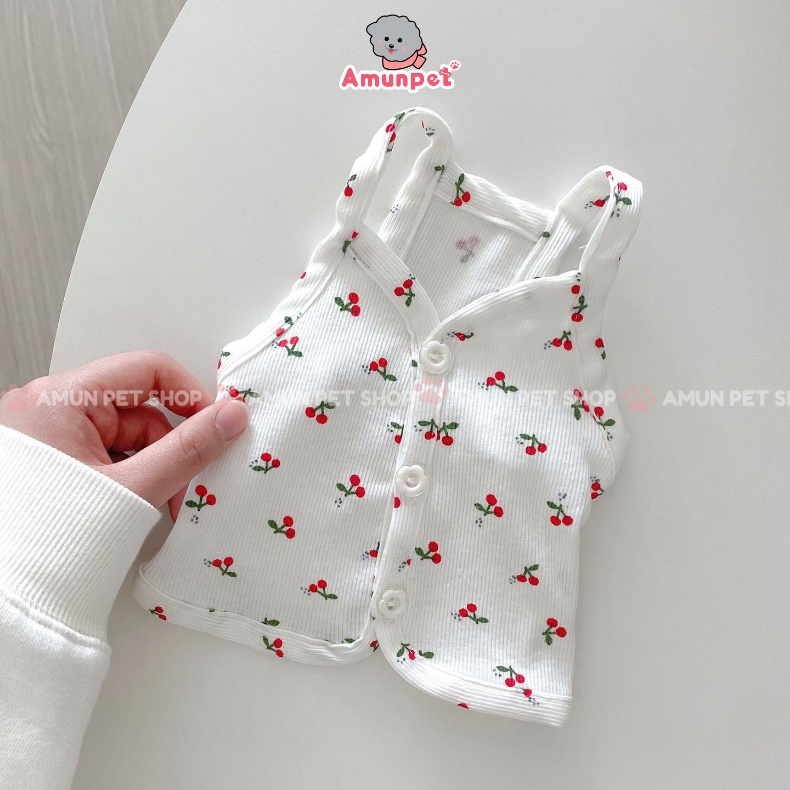 Áo Cho Chó Mèo Hoạ Tiết Cherry Chất Mỏng Mát Mẫu Áo Hai Dây Cho Thú Cưng Mùa Hè Giá Rẻ Amun Pet