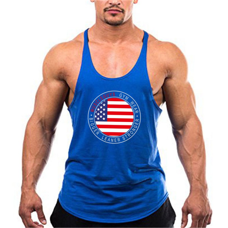 Gym Vest Mens Loose Singlet Usa American Flag Printed Spaghetti Tank Tops Vest