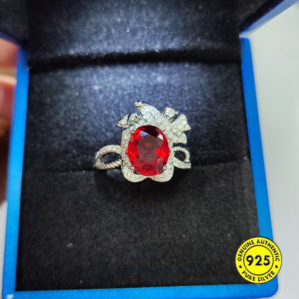 Nhẫn Hở Bằng Bạc Sterling S925 Đính Đá Hồng Ngọc Ruby Chống Nước Không Dị Ứng Hình Đầu Báo Hồng