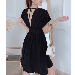 💋Đầm váy xòe bo eo cột dây tay ngắn phồng cổ V dành cho nữ