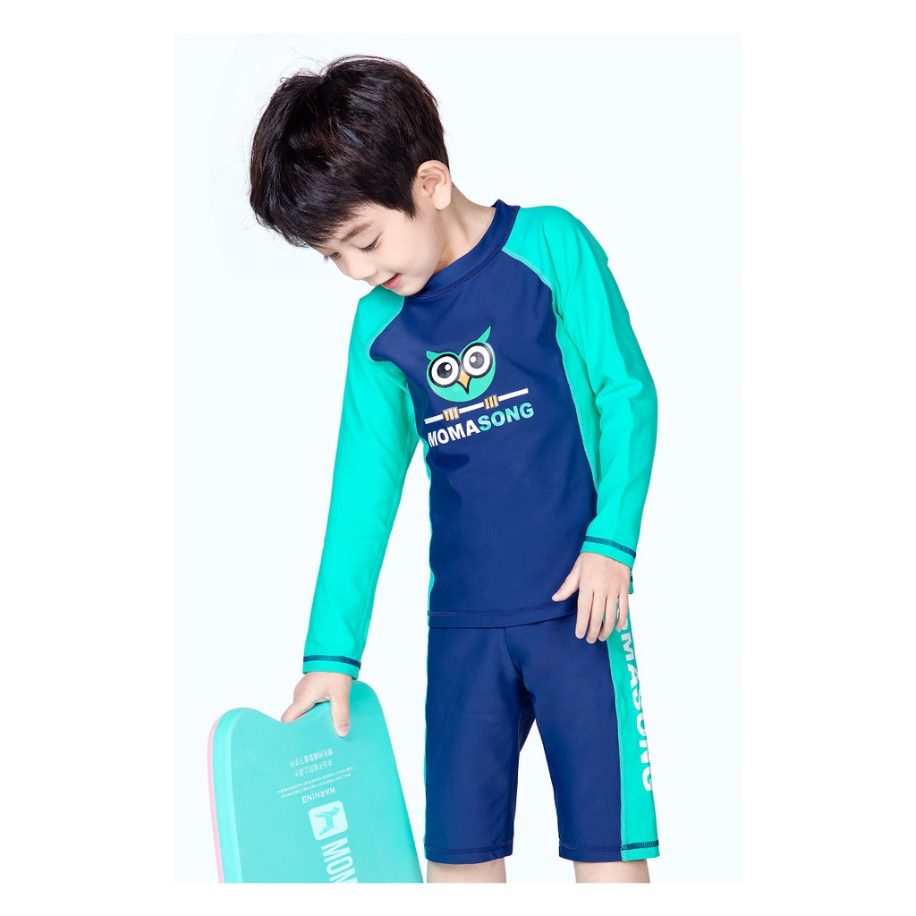 Quần áo bơi bé trai tay dài Cao Cấp MOMASONG new arrival 2021 size 10-35kg TẶNG kèm nón bơi