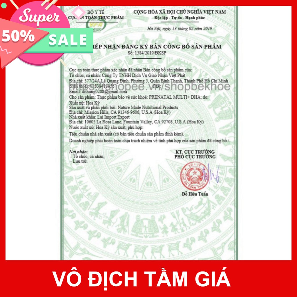 GIÁ VÔ DỊCH [150 Viên] Thuốc Bổ Cho Bà Bầu Nature Made Prenatal Multi DHA 200mg của Mỹ [Chuẩn USA] - Cho Bé Thông Minh K