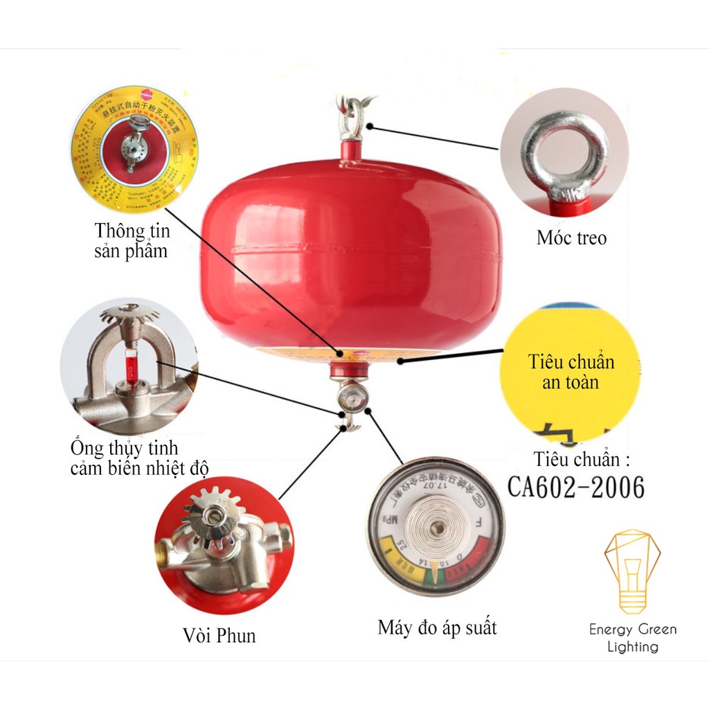 Bình Cứu Hỏa Energy Green Lighting - Chữa Cháy Tự Động Cảm Biến Nhiệt Độ 68 Độ C - Bột ABC 4KG Dùng PCCC