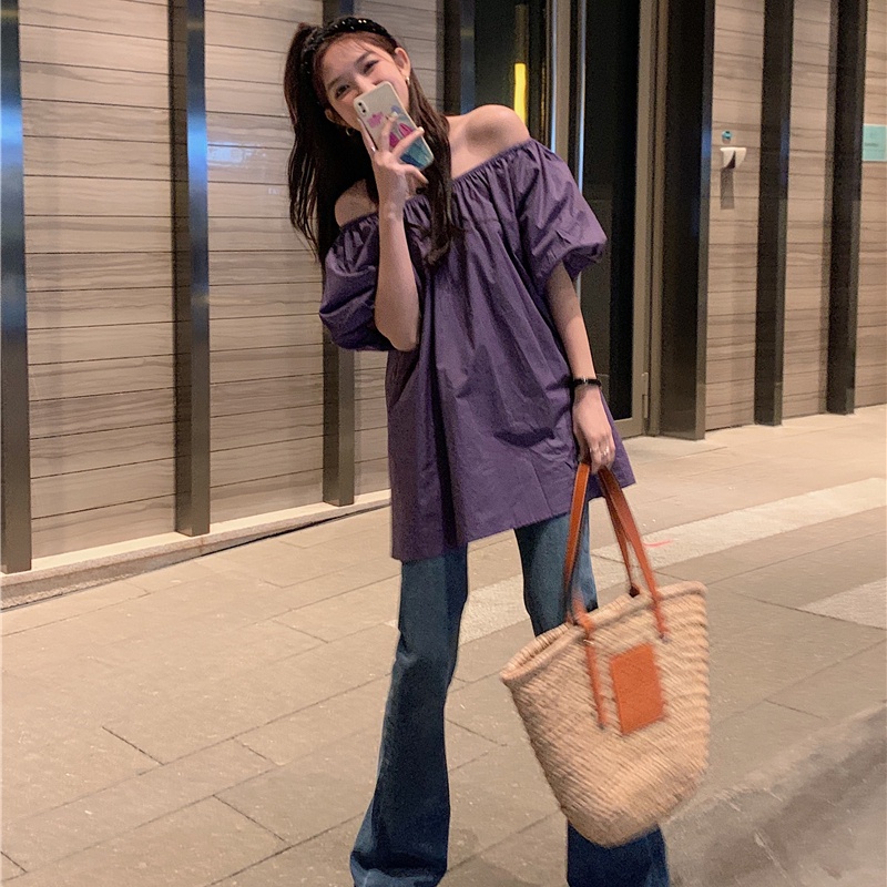 SUXI Áo Kiểu Trễ Vai Tay Phồng Dáng Rộng Màu Trơn Thời Trang Mùa Hè Dễ Phối Đồ Cho Nữ