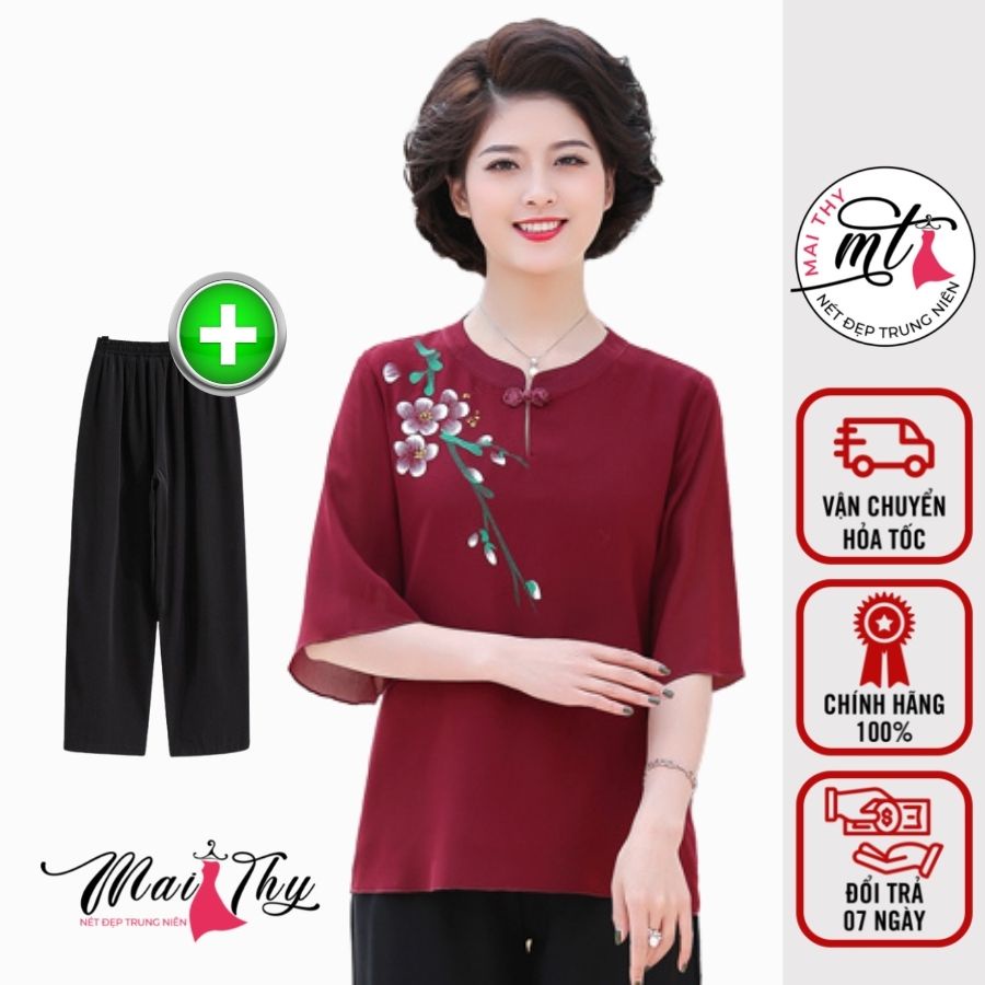 Bộ Trung Niên S771, Set Đồ Trung Niên Cho Mẹ Áo Cổ Tàu Thêu Hoa phối Quần Thun Mát Mẻ | Thời Trang Trung Niên Mai Thy
