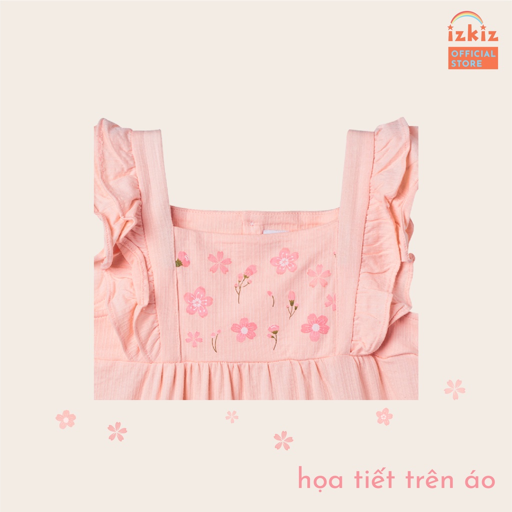 Jumpsuit bé gái 1-3 tuổi, đồ liền thân IZKIZ vải gỗ sồi mát mẻ in hình hoa đào