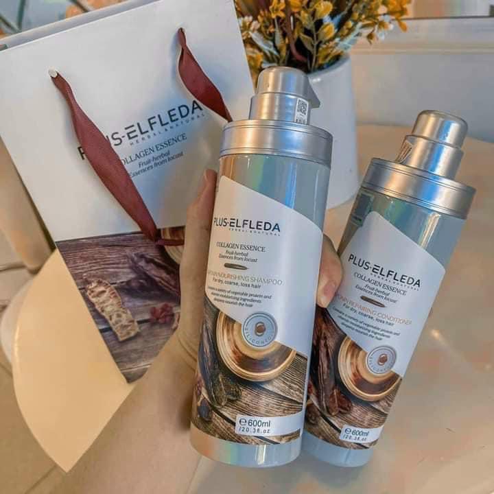 Cặp Dầu Gội Xả Colagen Essence Plus-Elfleda Bồ Kết Cô Đặc Chăm Sóc Tóc Gãy Rụng, Khô Xơ 600mlx2