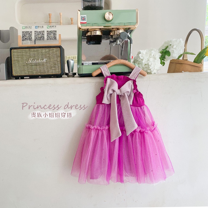 Đầm Công Chúa Hai Dây Phối Lưới Thắt Nơ Phong Cách Hàn Quốc Thời Trang Mùa Hè Dành Cho Bé Gái Sơ Sinh