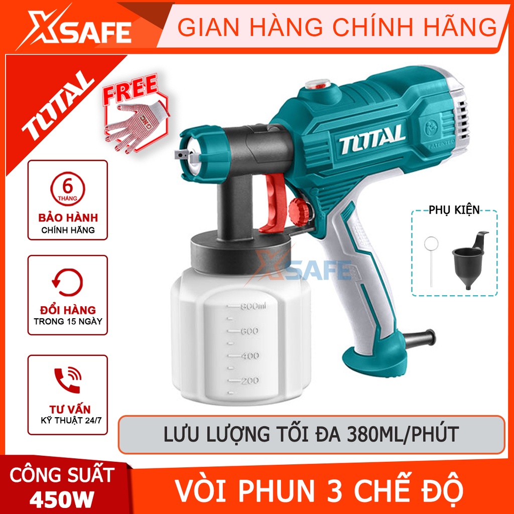 Máy phun sơn dùng điện TOTAL TT3506 Súng phun sơn 220-240V, công suất 450W, lưu lượng tối đa 380ml/phút - Chính hãng