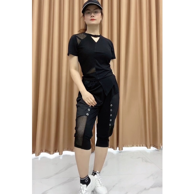 Set Quần Áo Nữ GAHIKHA Áo Khoet Cổ Vạt Lệch Đan Lưới Kết Hợp Quần Dập Cúc Giả Chất Cotton