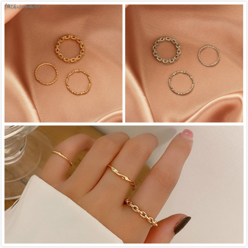 Bộ ba nhẫn đeo ngón trỏ bằng kim loại kiểu xích xoắn thiết kế đơn giản thời trang dành cho bạn nữ