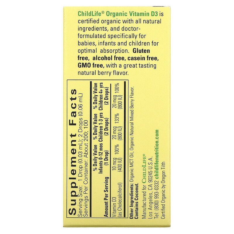 {Mẫu Mới} CHILDLIFE Organic Vitamin D3 Drops 400IU 6.25ml (0.21oz) Của Mỹ, Hương Berry Tự Nhiên Thơm Ngon