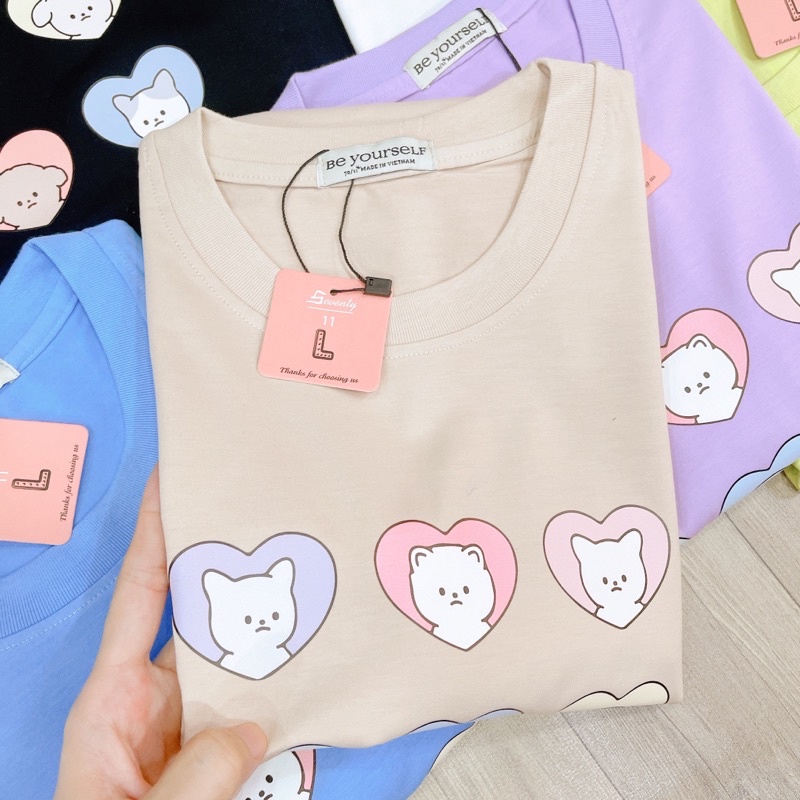 Áo Thun PHÔNG NAM NỮ Tay Ngắn UNISEX IN DECAL GẤU BEAR MÈO CAT ICON CUTE - Hình chụp thật
