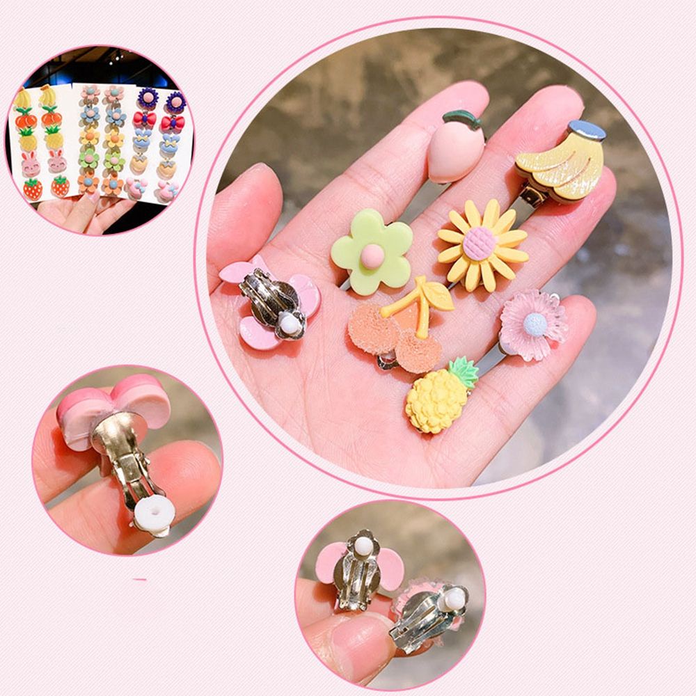 Set khuyên kẹp vành tai không cần xỏ lỗ thiết kế trái cây/ nơ/ hoa/ nhiều mẫu khác hoạt hình đáng yêu dành cho bé gái