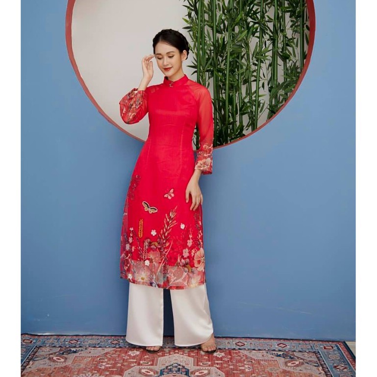 Áo Dài Cách Tân Hoa Xuân Đỏ( Áo + Quần) | BigBuy360 - bigbuy360.vn