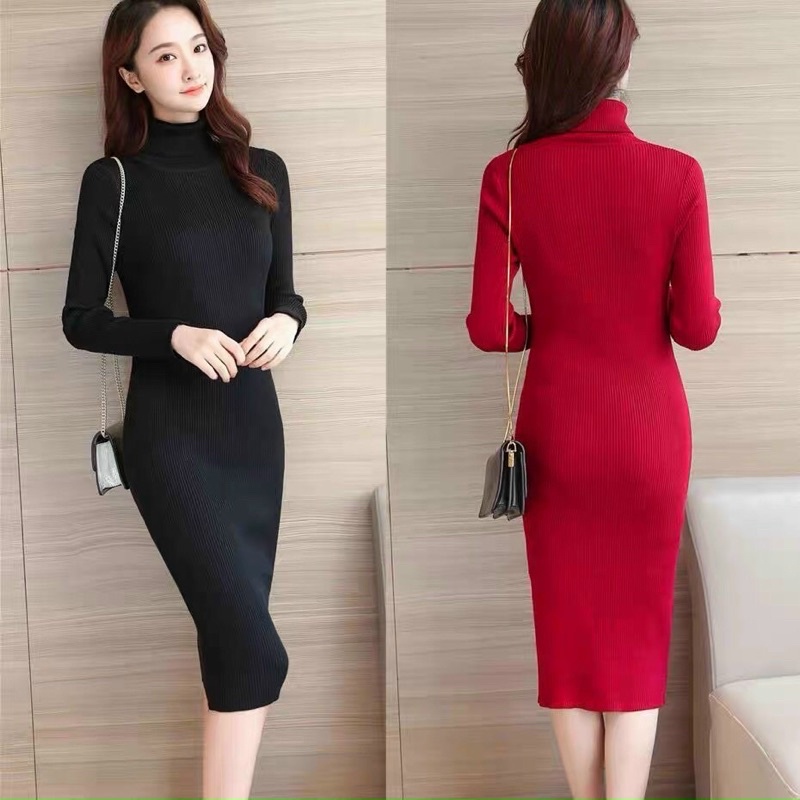 Đầm len body tăm cổ lọ