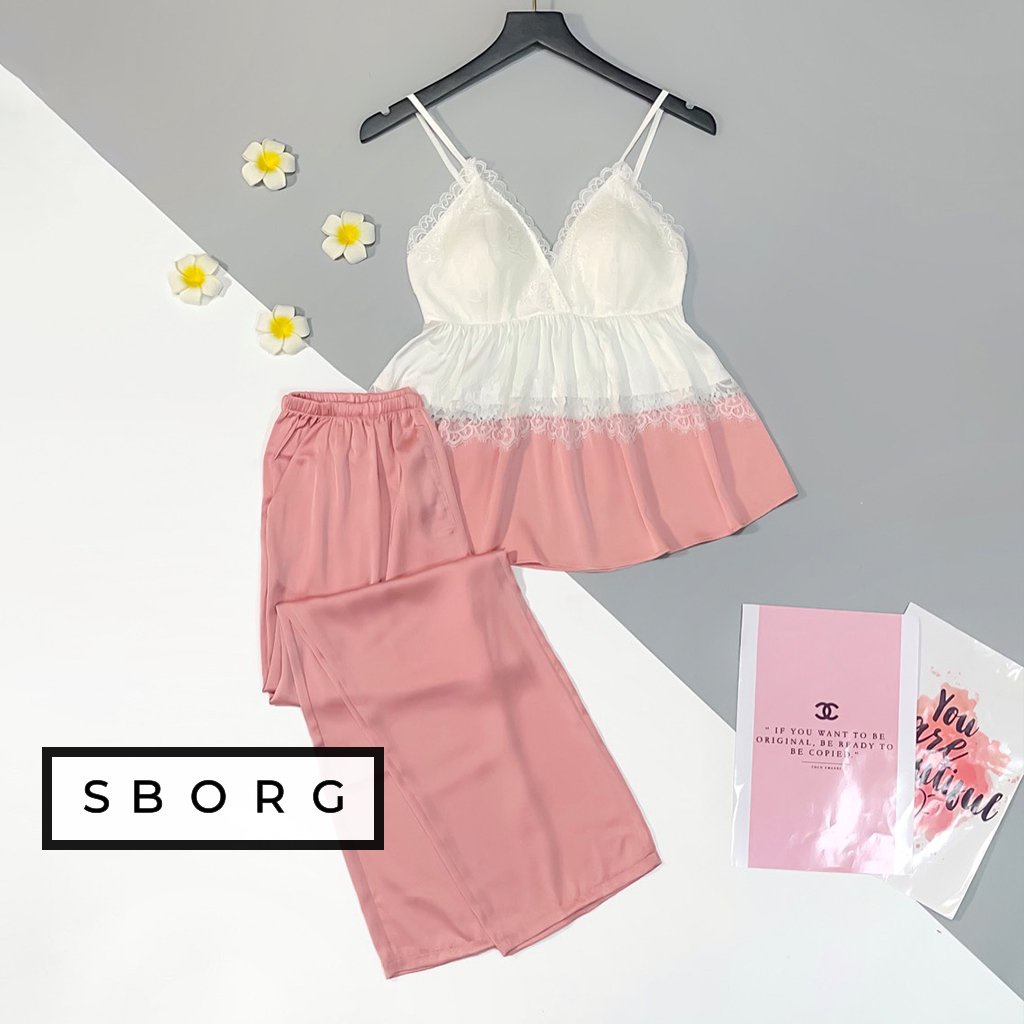 Đồ bộ mặc nhà SBORG bộ đồ ngủ nữ 2 dây lụa latin cao cấp phối ren sexy quyến rũ dễ thương freesize dưới 55kg quà tặng vợ