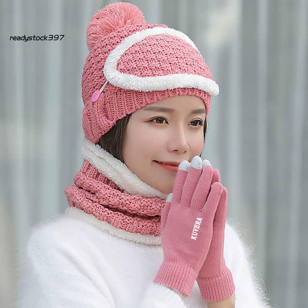 Re Four-Piece Women Winter Warm Wool Hat Cap Face Cover Bib Gloves Neckerchief Set