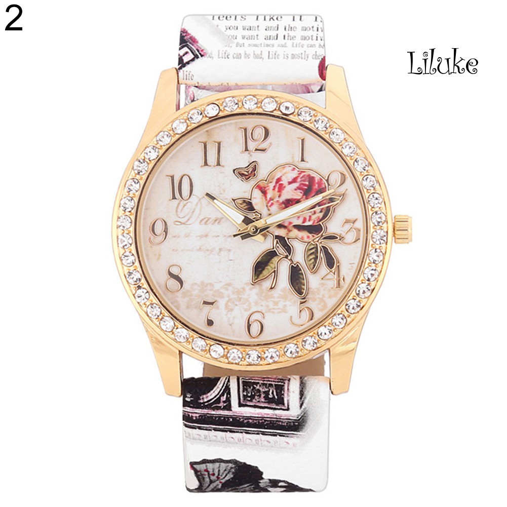 Đồng Hồ Đeo Tay Họa Tiết Hoa Hồng Đính Đá Thời Trang Xinh Xắn Cho Nữ