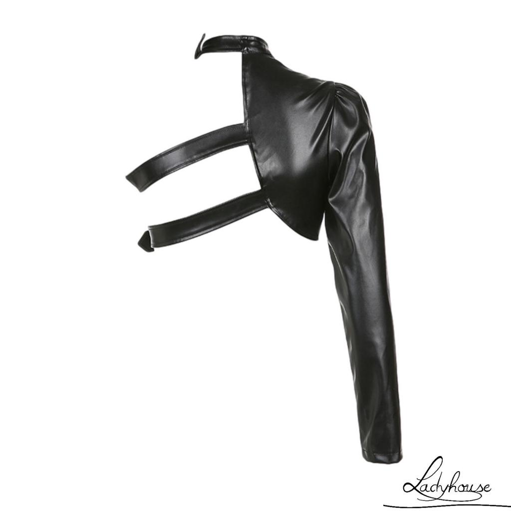 Áo Croptop Tay Dài Phối Dây Da Phong Cách Punk Cá Tính Cho Nữ