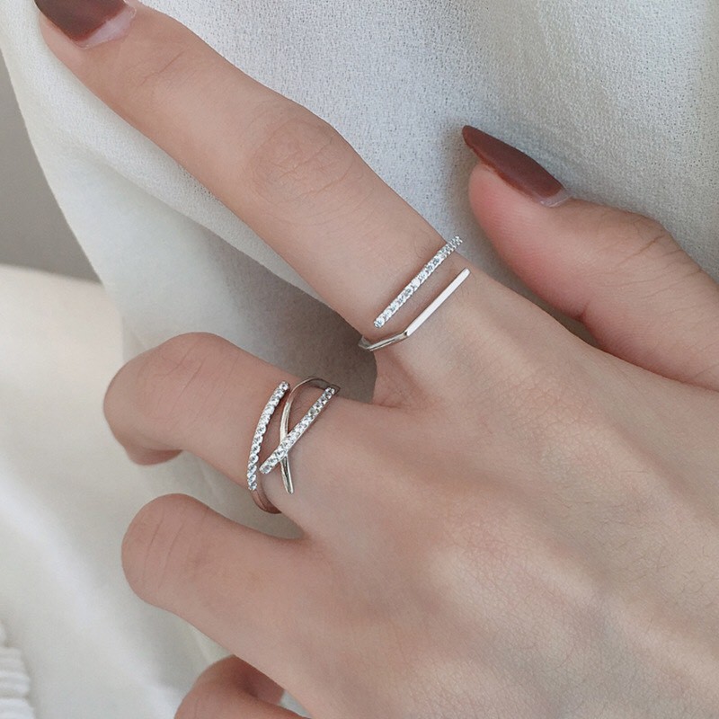 Nhẫn bạc nữ Aura, nhẫn đính đá hai hàng freesize-AURASILVER-N11