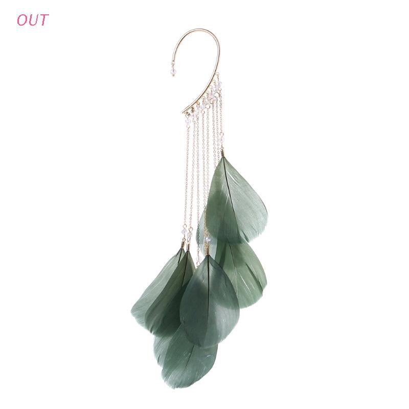 Khuyên Tai Kẹp Vành Hình Lông Vũ Màu Xanh Lá Phong Cách Boho