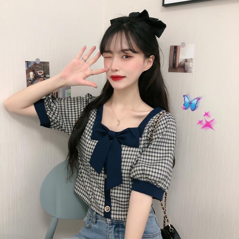AMOI Áo Sơ Mi Ngắn Cổ Vuông Hở Vai Họa Tiết Sọc Caro Phong Cách Pháp Thời Trang 2022 Cho Nữ