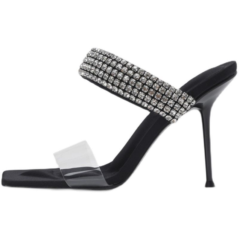 Giày Cao Gót Mũi Vuông Quai Trong Suốt Đính Đá Thời Trang Xuân Hè 2022