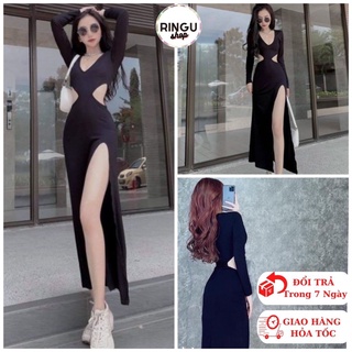 Đầm body khoét eo xẻ tà,cổ tim xẻ tà tay dài chất thun cotton- Ringu shop