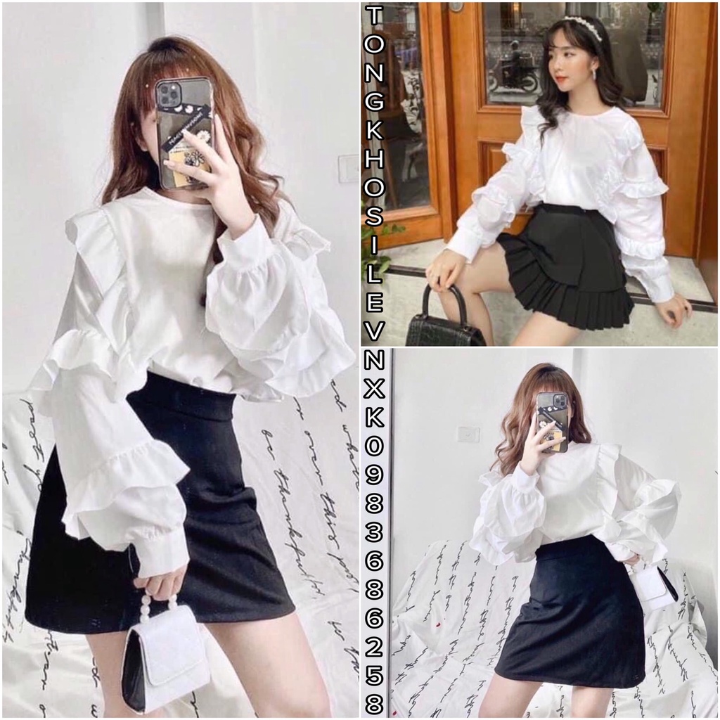 Áo Baby Doll Tay Viền Bèo Tầng Màu Trắng Thắt Nơ Sau Cổ Tròn - Áo Somi Tiểu Thư Tay Phồng Bánh Bèo