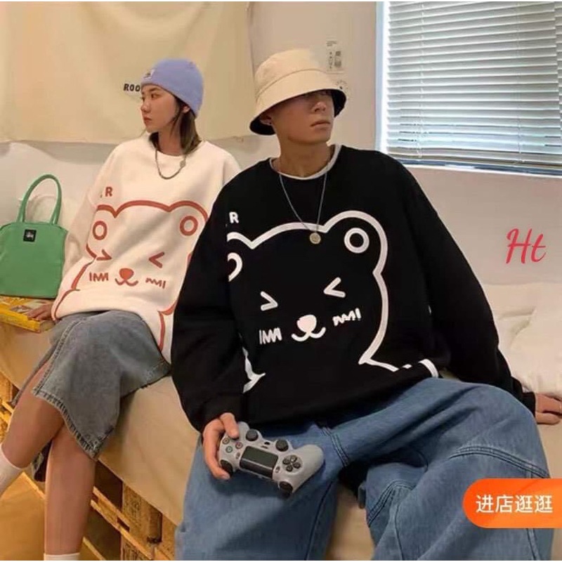 Set 2 áo đôi nỉ bông dài tay cổ tròn gấu mèo dễ thương