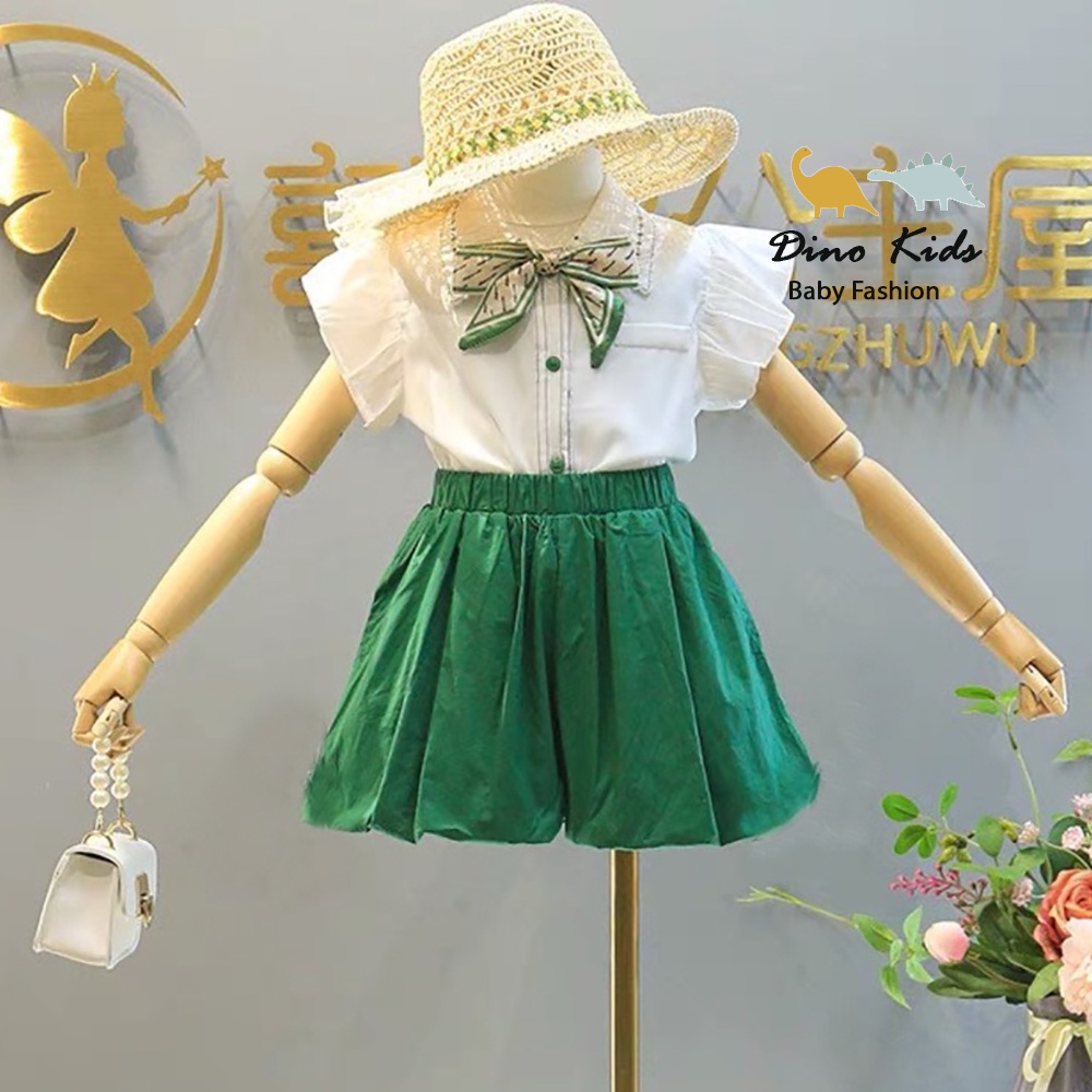Bộ quần áo đi chơi cho bé gái, set 3ct áo sơ mi trắng cánh tiên phối nơ xanh và quần 2 lớp bồng bềnh cho bé