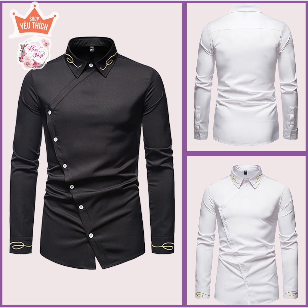 Áo sơ mi, Áo sơ mi nam cúc chéo, theu hoa văn ở cổ, tạo thêm điểm nhấn cho chiếc áo, thu hút cái nhìn cách điệu n27