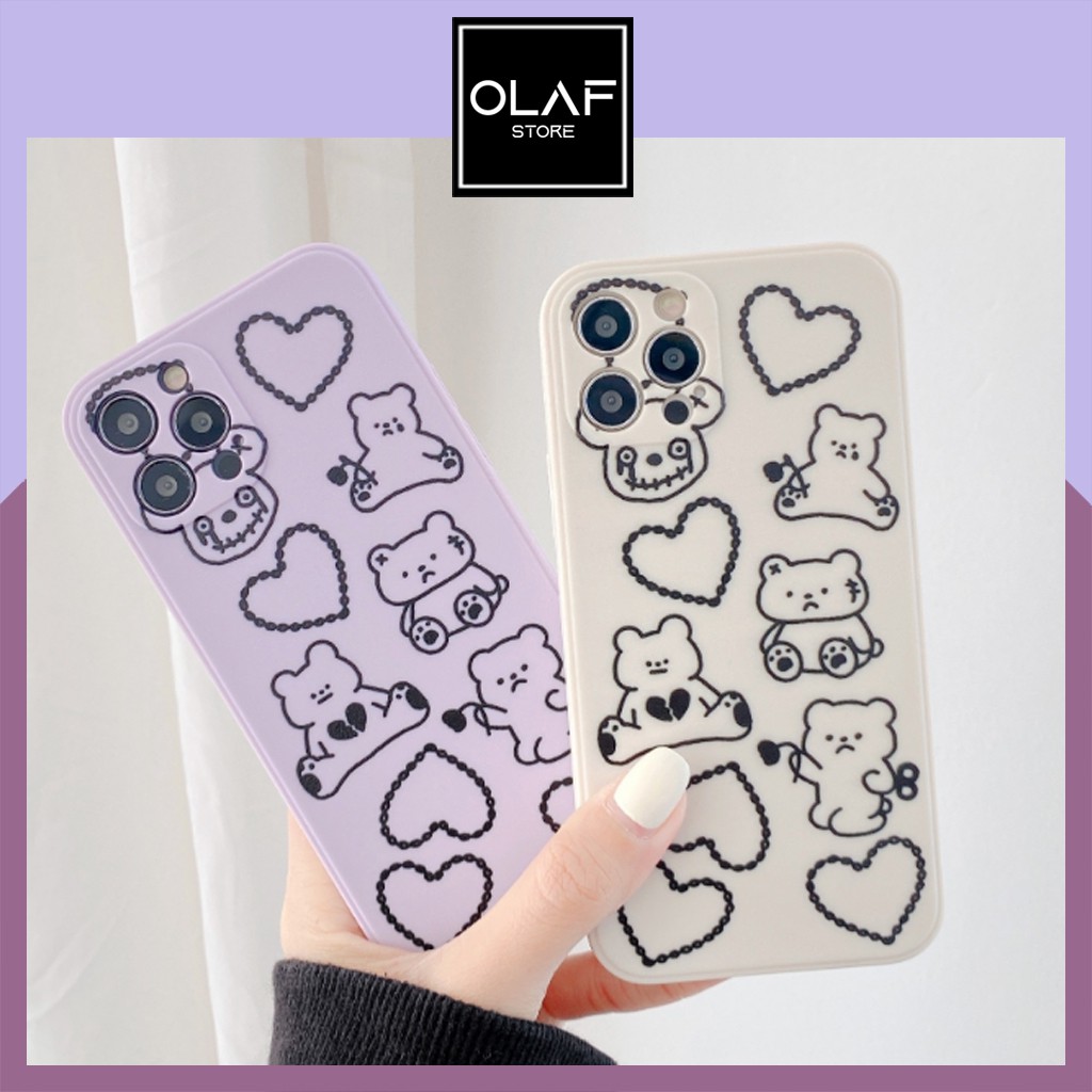 Ốp iPhone vuông cạnh chú gấu và tim siêu dễ thương dành cho iPhone 7/8 plus/X/Xs Max/11/12 Pro Max