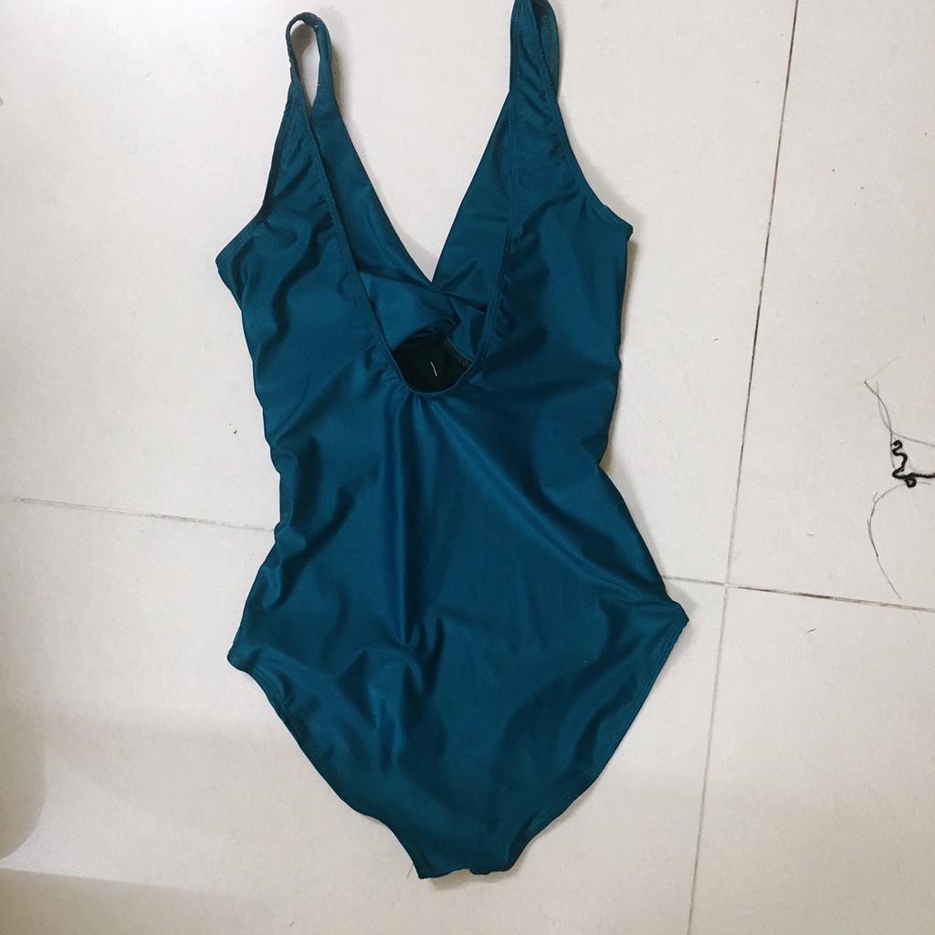 Bikini, đồ bơi 1 mảnh liền xoắn ngực xanh cổ vịt sành điệu (kèm sẵn mút ngực)