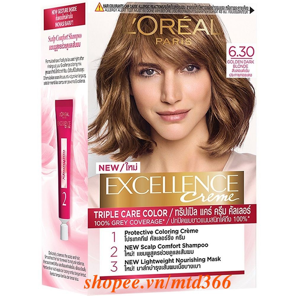 Thuốc Nhuộm Tóc Số 6.30 Nâu Ánh Vàng Loreal Excellence Cream 172ml Dưỡng Tóc Phủ Bạc.