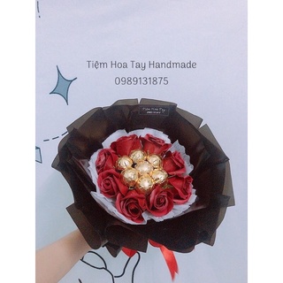 (Hỏa tốc 2h) Bó hoa kẹo socola mix hoa hồng sáp tặng kèm túi+thiệp