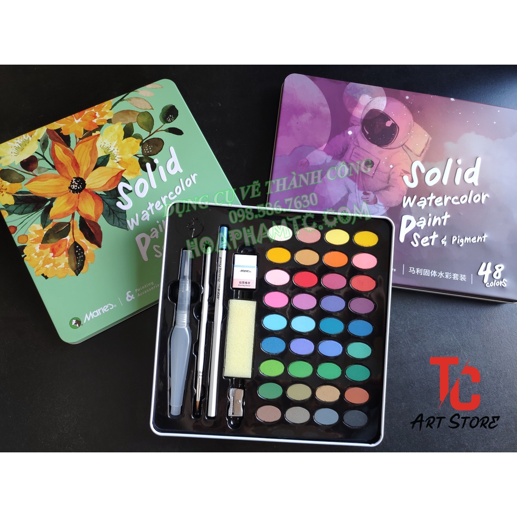 Bộ Màu Nước Nén Marie's (Solid Watercolor Paint Set & Pigment) (Giấy vẽ, cọ nước, cọ, bút chì, tẩy, 