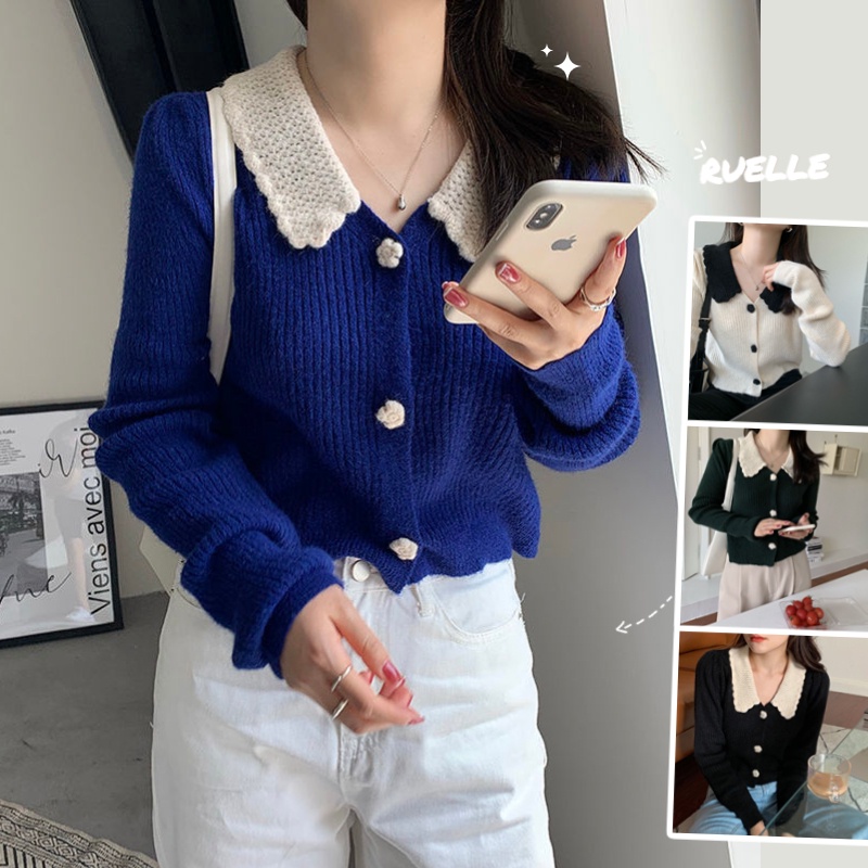 Áo Khoác Cardigan Dệt Kim Cổ Búp Bê Màu Xanh Dương Thời Trang Thu Đông Cho Nữ