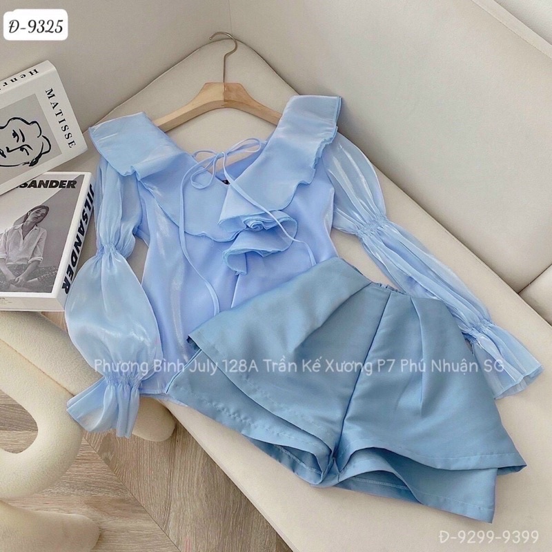SET ÁO XANH TƠ OGANZA ÓNG+ QUẦN CẠP CAO